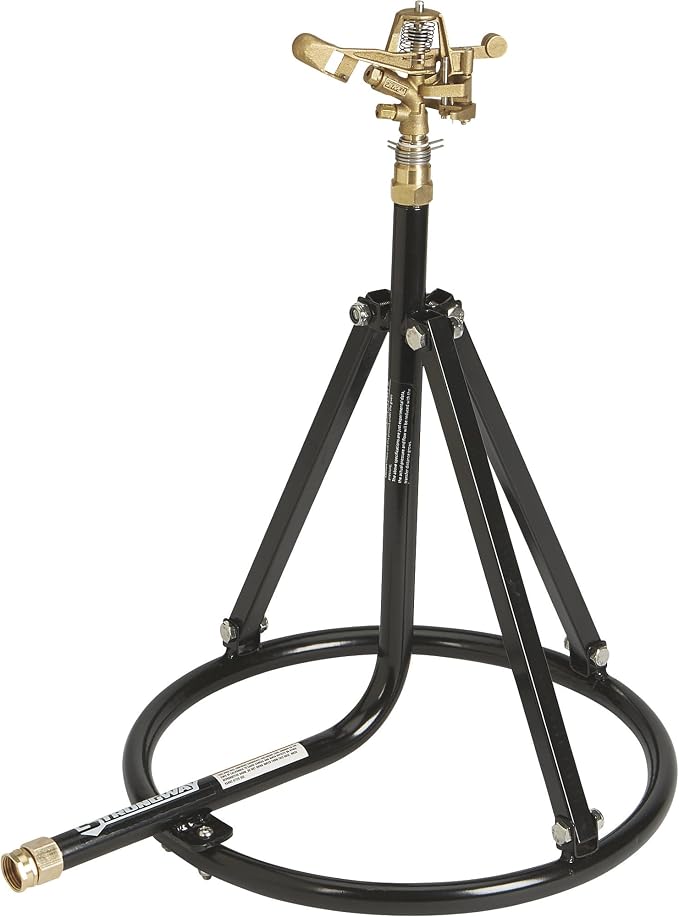 Strongway Tripod Sprinkler with Round Base, 3/4 in. Brass Head with 2 Nozzles, 100 Ft. Diameter Coverage, 7800 Sq. Ft., 6-10 GPM, Adjustable Full and Partial Circle, for Lawn and Garden