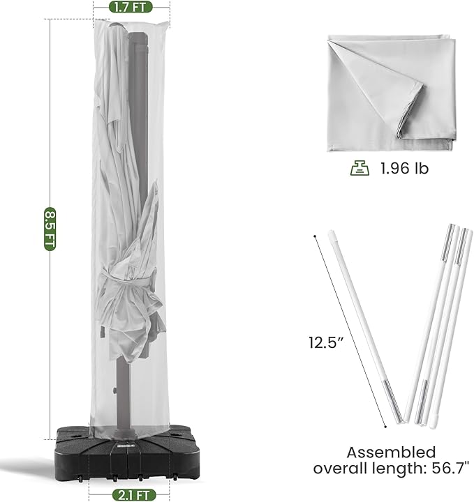 Patio Umbrella Cover Waterproof UV Resistant Outdoor Cantilever Umbrella Covers with Zipper and Rod, Foggy Grey