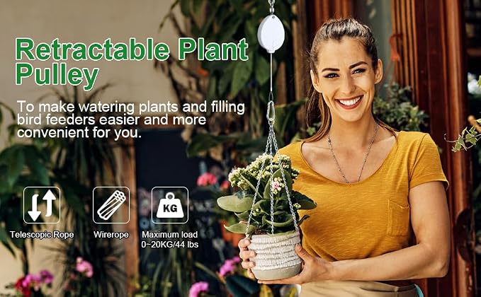 Heavy Duty Retractable Plant Hangers, Adjustable Pull-Down Pulleys with 63" Stainless Steel Rope, Double Hooks for Hanging Plants, Bird Feeders, Planters & Pots, Indoor & Outdoor Use (3Pcs- White)