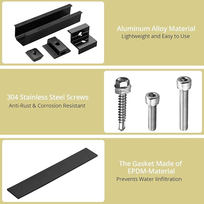 Anbte 6Pcs Solar Panel Mounting Kit, Aluminium 4.72" Solar Panel Mounting Rail & 30mm/35mm End Clamp & Mid Clamp, Solar Panel Mounting Brackets for Metal Roof, Tin Roof, Flat Roof, Sheet Roof, Black