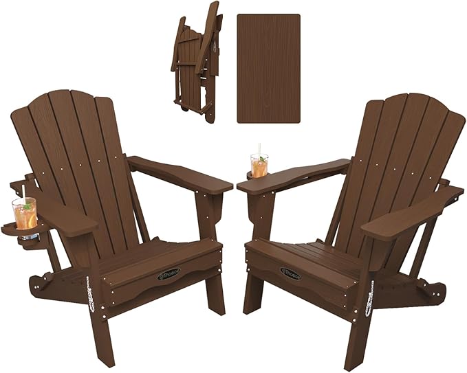 THOEOE Folding Adirondack Chair Set of 2, HDPE All-Weather Outdoor Chair with Cup Holder, Wooden Textured, Fire Pit Chair, Plastic Patio Chair for Deck, Backyard, Garden, Lawn, Brown