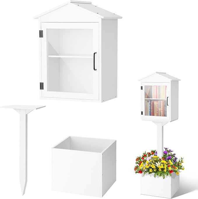Wonderjune Little Library Box Outdoor, Durable Weatherproof Solid Wood Book Exchange Box with Floor Plugs and Small Flower Fence for Community, Literature, School Sharing Book(White,Steepletop)