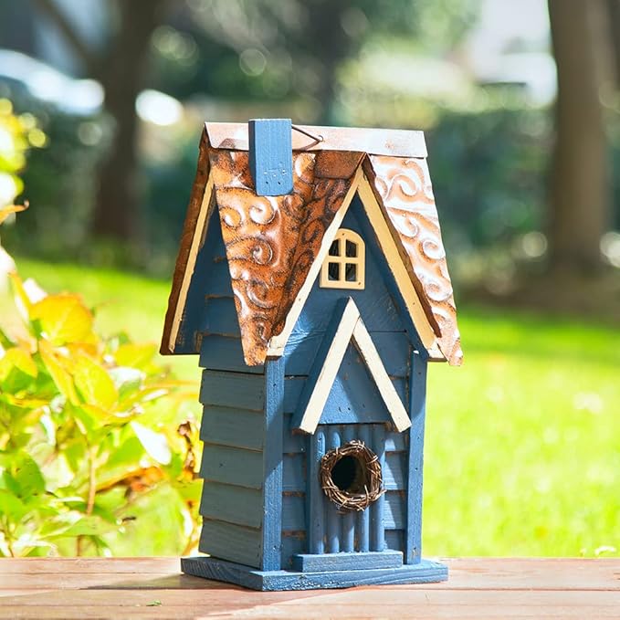 Glitzhome Bird Houses for Outside, 12" H Retro Blue Distressed Solid Wood Cottage Birdhouse Hanging Bird House for Outdoors, Bluebird House for Garden Patio Backyard