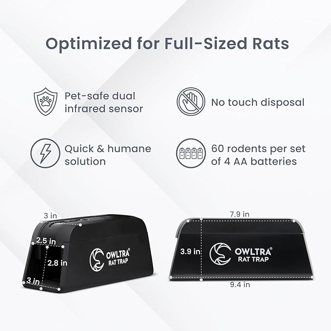 OWLTRA OW-1 Indoor Electric Rat Trap, Instant Kill Rodent Zapper with Pet Safe Trigger, Black, Large