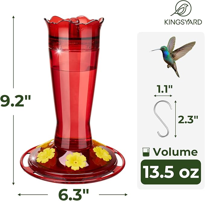 Kingsyard 2-Pack Glass Hummingbird Feeder for Outdoors Hanging, 14 oz Leak-Proof Humming Bird Feeders with Ant Moat & Bee Proof Feeding Ports, Hummingbird Gift for Bird Lovers (Red)