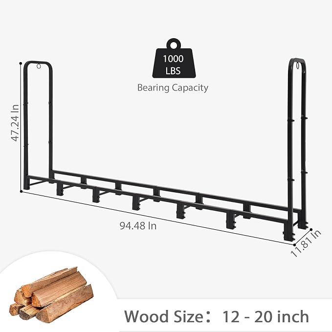 8FT Firewood Rack Outdoor with Cover, Heavy Duty Wood Holder with Log Carrier, Adjustable & Waterproof Log Holder Wood Storage Stand for Fireplace Patio Outdoor, Black