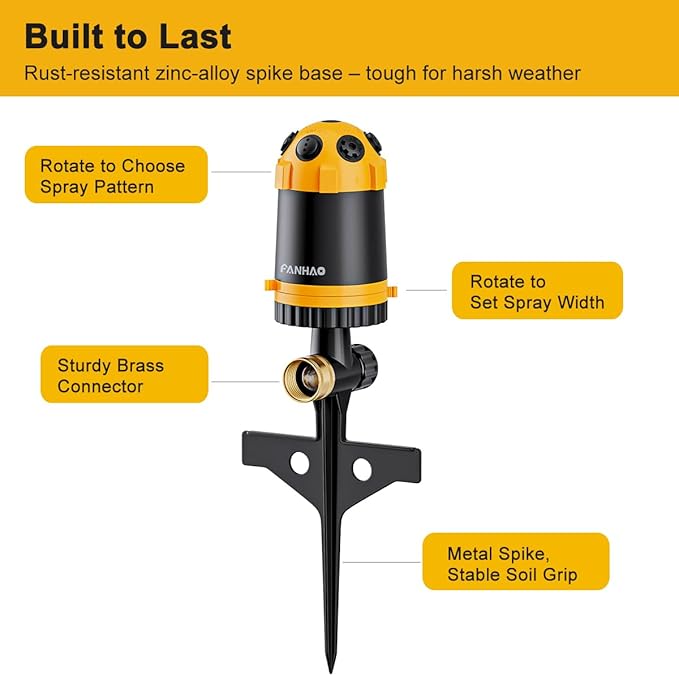 FANHAO Gear Drive Lawn Sprinkler with Metal Spike Base, 6-Pattern Heavy Duty Water Sprinkler System, Multi-Adjustable Irrigation Sprinkler for Large Yard Area Watering, Garden Plant and Flower Bed
