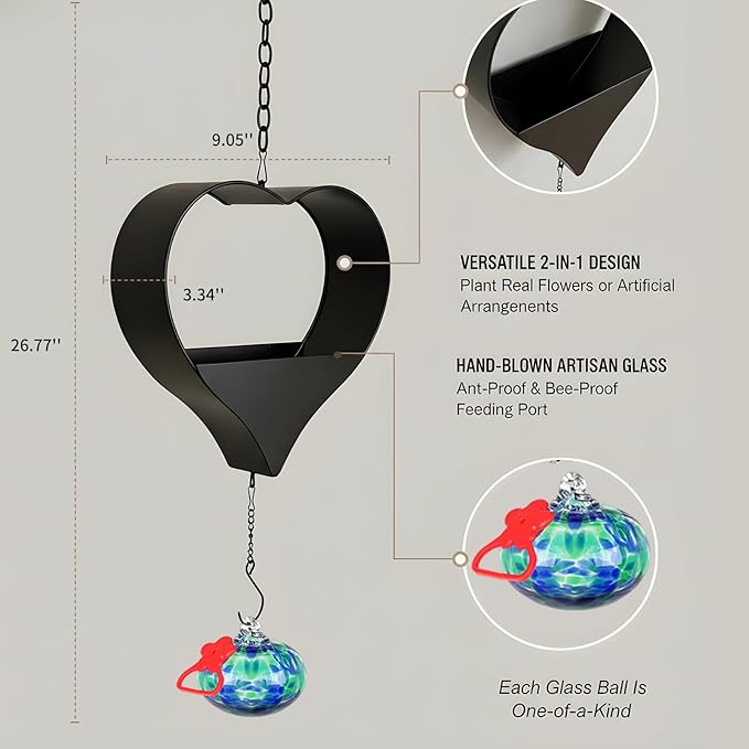 Headak Life Hummingbird Feeder for Outdoors Hanging,Heart Shaped Iron Hanging Planter with Hand Blown Glass Hummingbird Feeder,Leak Proof,Outdoor Garden Decor Gifts for Mom Women Bird Lovers