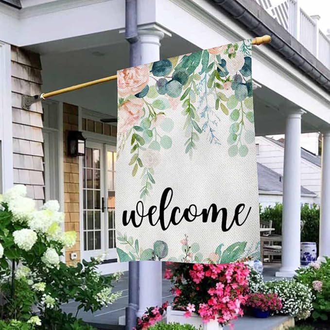 AOYEGO Welcome Watercolor Floral House Flags 28 x 40 Double Sided Burlap Wreath Frame Vivid Flowers Green Leaves Wedding Yard Flags Spring Summer Farmhouse Seasonal Outdoor Flag
