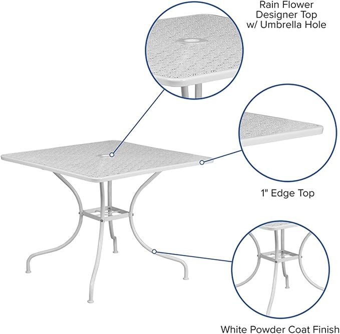 Flash Furniture Oia Commercial Grade 35.5" Square White Indoor-Outdoor Steel Patio Table with Umbrella Hole