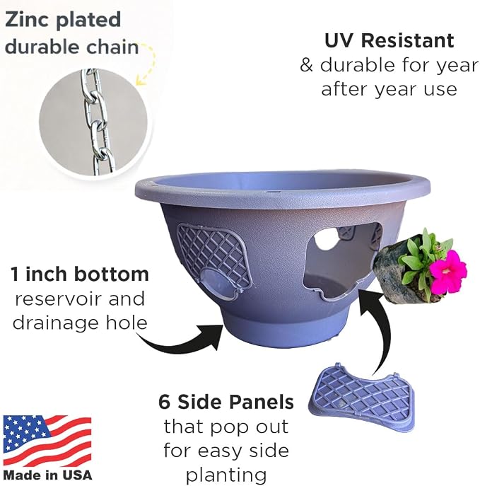 Hanging Planter Basket 20 Pack Bulk, Easy Fill Strawberry Planter, Outdoor Hanging Basket with Side Planting Panels, Durable UV Resistant Planters, Made in USA (20, Gray)