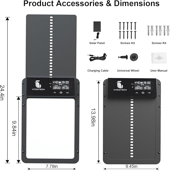 Automatic Chicken Coop Door, Aluminum Chicken Coop Door with Anti-Pinch Feature, Automatic Chicken Door with LCD Display, Solar Chicken Coop with Timer & Light Sensor (Black)