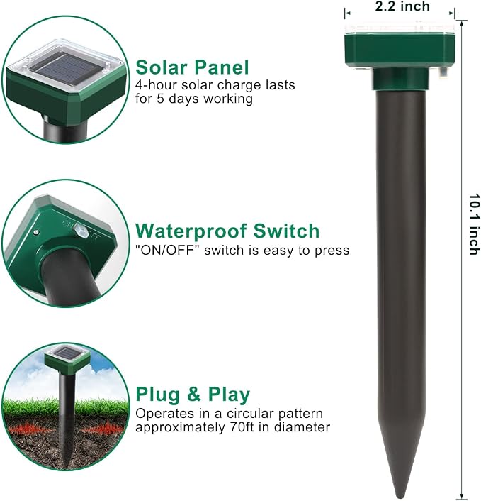 Mole Repellent Solar Powered, 10 Pack Solar Mole Repellents Ultrasonic for Vole, Snakes, Gopher, Waterproof Sonic Vole Deterrent Spikes,Snake Gopher for Garden and Yard