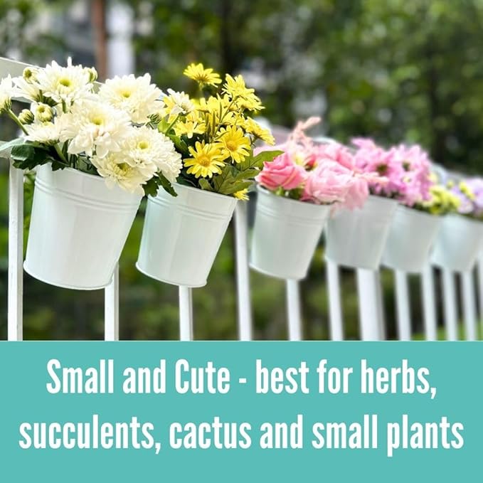 LaLaGreen Bundle- 10 Pack, 4 Inch White Metal Pot + 2 Pack, 14 Inch Rectangular Self Watering Pot with Bracket Hanging Outdoor Deck Railings Fence Window Flower Boxes Balcony Patio Modern Garden Decor