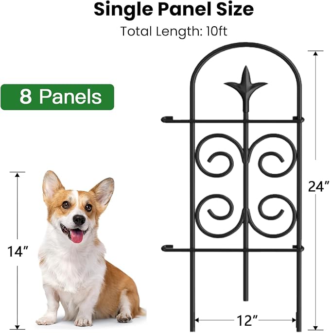8 Panels 24in(H)×10ft(L) Garden Fences+8 Pack Solar Pathway Lights