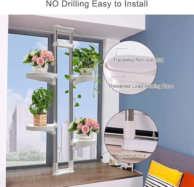 BAOYOUNI Indoor Window Plant Stand Metal Double Pole Storage Shelf Flower Pot Display Rack Holder Planter Extention Rods Home Decor with 4 Adjustable Trays - Ivory