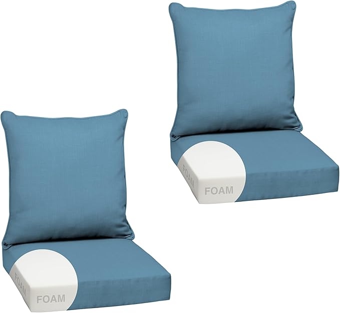 Arden Outdoor Foam Deep Seat Cushion Set (2-Pack), 24x24, Premium High-Density Foam, Never Flattens, Weather-Proof for Patio Chair Sofa Couch, French Blue Texture