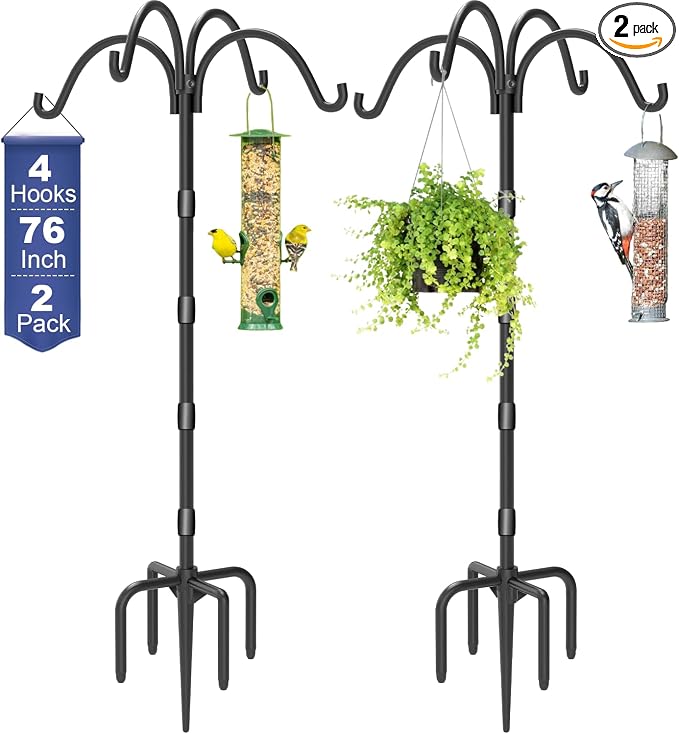 Upgrade 4-Hook Shepherds Hooks for Outdoor with Plastic Tube, 76" Heavy Duty Bird Feeder Pole with 5 Prongs Base, Adjustable Garden Hook for Solar Light, Hanging Plant, Wedding Decor, 2 Pack
