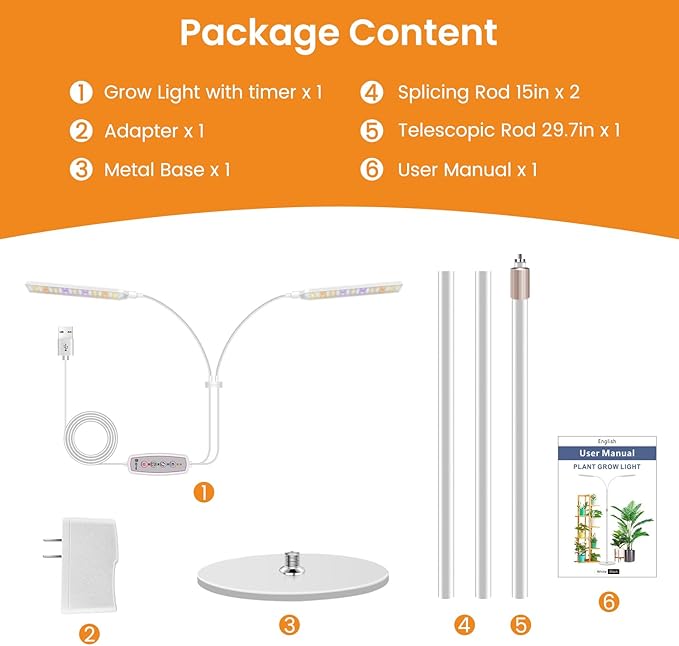 Kullsinss Grow Lights for Indoor Plants with Stand, 2-Heads Full Specturm Plant Grow Light with 4/8/12/16H Timer, 3 Color Modes, 360° Flexible Gooseneck, 24-68.7in Hight Adjustable Plant Growing Lamp