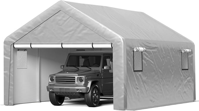 Jocoevol Carport 13x21 FT Enclosed Carport with Roll-up Windows, Portable Garage with Removable Sidewalls & Doors, Car Canopy Tent with Sandbags All-Season Tarp for Car Boat Truck Motorcycle
