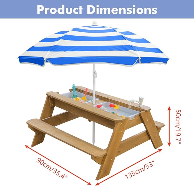 Kids 3-in-1 Sand & Water Table, Wood Outdoor Convertible Picnic Table w/Umbrella, 2 Trays, Removable Top with Faucet, Picnic Table for Outdoor Playset (Natural/Blue)