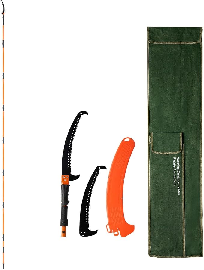 VEVOR Manual Pole Saw, 4.46-26.4 ft Extendable Tree Pruner, Sharp 65Mn Steel Blade, Lightweight Fiberglass Handle Pole, Two Double-Hook Saws for High Branch Trimming, Pruning Tool for Palms, Shrubs