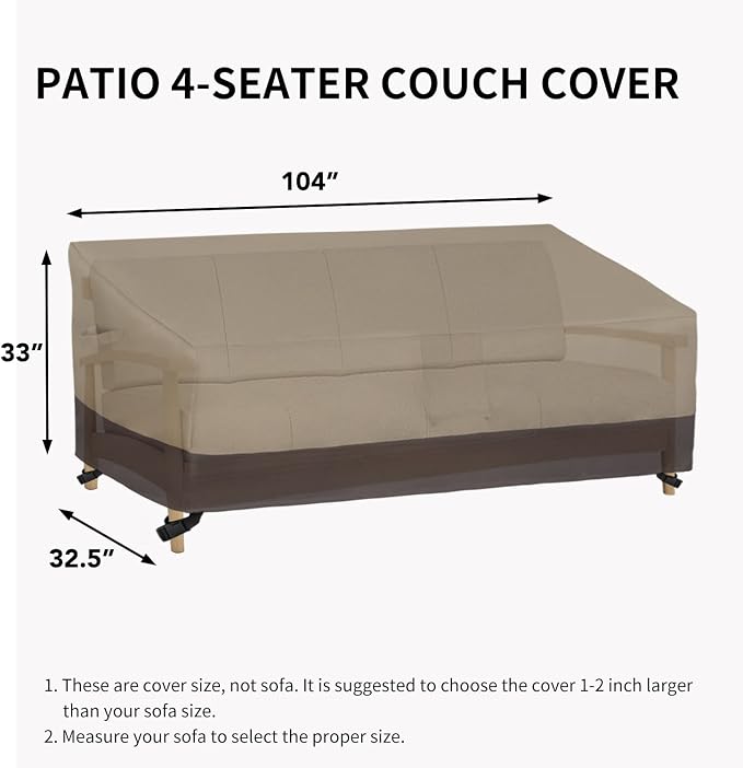 Easy-Going Waterproof Outdoor Couch Cover, Heavy Duty 4-Seater Patio Sofa Cover, Winchdproof Outdoor Furniture Cover with Air Vent （104Wx32.5Dx33H inch,Camel/Dark Brown)