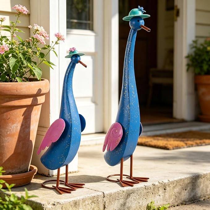 22" Duck Garden Statue Set of 2 Metal Ducks | Outdoor Decor Porch Animal Figurine Yard Art Sculptures Rustproof Lawn Ornament for Outside Patio Backyard Decorations