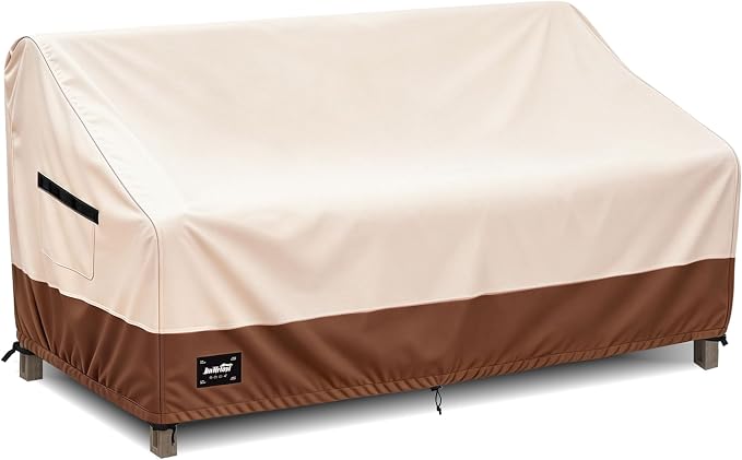 JinHrtoyi 2-Seater Patio Loveseat Cover, 60Wx38Dx35H inches Outdoor Furniture Covers Waterproof,100% Waterproof Heavy Duty Patio Furniture Covers,Beige&Brown Modern Style Outdoor Couch Cover
