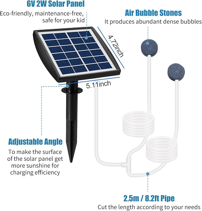 Solar Fish Tank Oxygen Pump, 2W Plug-in Aquarium Oxygenator, Fishing Oxygenator Air Pump with Piped Bubble Rock for Fish Tanks, Outdoor Ponds (Dual Head Rechargeable)