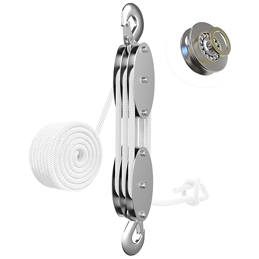 YATOINTO 1 Ton Rope Hoist Pulley System, Heavy Duty Block and Tackle(White) | 50FT Polypropylene Fibers Rope, 6:1 Lifting Power, Metal Bearing Design, Rust-proof Zinc-plated Housing w/Alloy Steel Hook