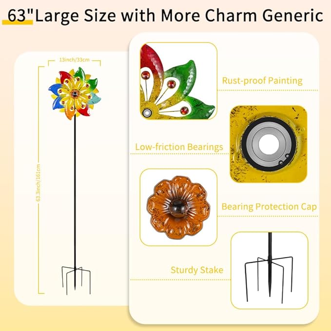 Stargarden Wind Spinner, Colorful Metal Wind Sculptures & Spinners, Double Pinwheels 63 * 13" Windmills for Yard and Garden
