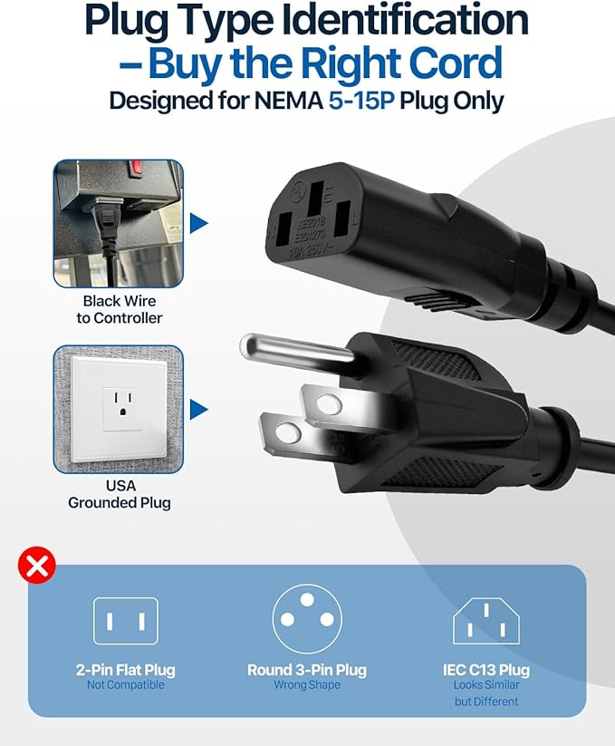 Power Cord Replacement for Traeger D2 Grills KIT0257, 3-Prong US Cable Compatible with Pro 575 & 780, Ironwood 650 & 885, Timberline 850 & 1300, Silverton 620 & 810, Century 885, 6ft, 2pcs