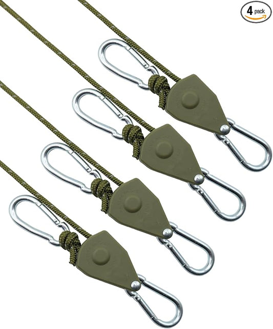 4Pack Retractable Ratchet Tie Down Straps, 16Ft 1/4" Adjustable Rope Hangers, Heavy-Duty Kayak Pulley System with 2 Carabiner Hooks, for Canoe, Roof Rack Loads, Camping Gear, Army Green
