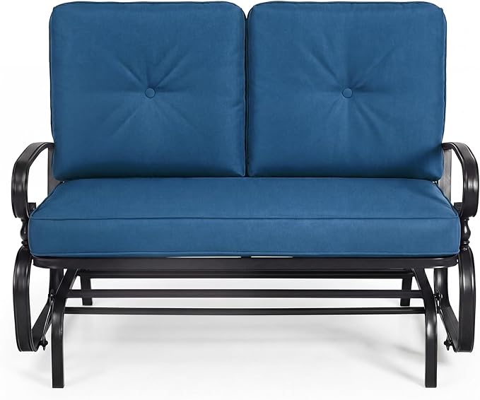 Giantex Outdoor Glider Bench, Patio 2 Person Loveseat with Removable Cushion, Thick Padded Seat, Stable Steel Frame, Outside Glider Swing Chair for Deck, Poolside, Yard, Porch Glider (Blue)