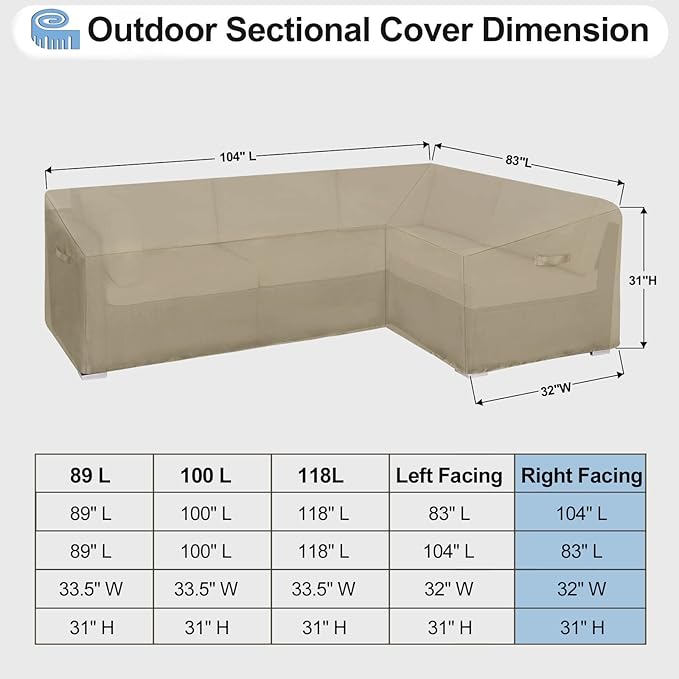 OutdoorLines Waterproof Outdoor Patio Sectional Cover - UV Resistant & Windproof L-Shaped Patio Furniture Covers for Deck, Lawn and Backyard, 420D Heavy Duty Couch Cover, Right Facing, 104"x83", Camel