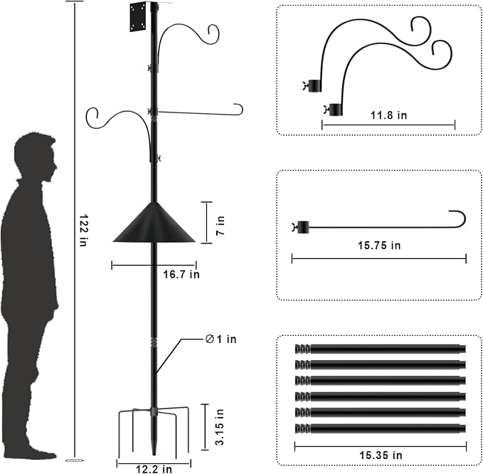 Bird Feeder Pole 118 Inch Outdoor Bird House Mount Kit | Easy bolt assembly without extra hardware,Squirrel Proof Baffle,Heavy duty sturdy metal structure