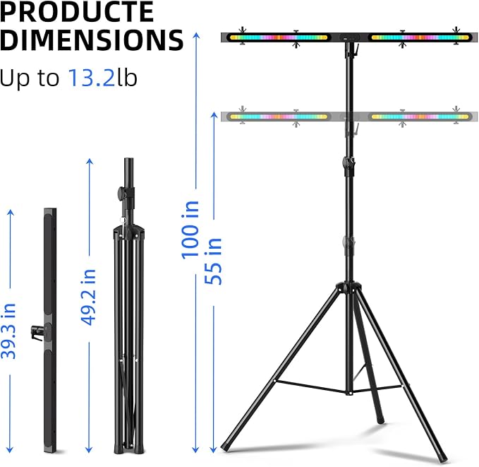 DJ Lights Stand, Heavy Duty DJ Stand T Bar with Light, 55-100 Inch Portable Par Can Tripod Stage Light Stand Adjustable Height, 12 in 1 RGB Rechargeable T-Bar for Stages, Banquet, Party