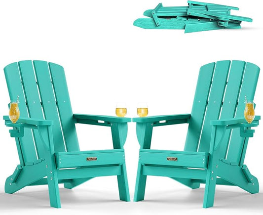 Folding Adirondack Chair Set of 2, HDPE Adirondack Chairs with 2 Cup Holder, Plastic All-Weather Fire Pit Chairs, Outdoor Lawn Chair for Patio Garden (Lake Blue)