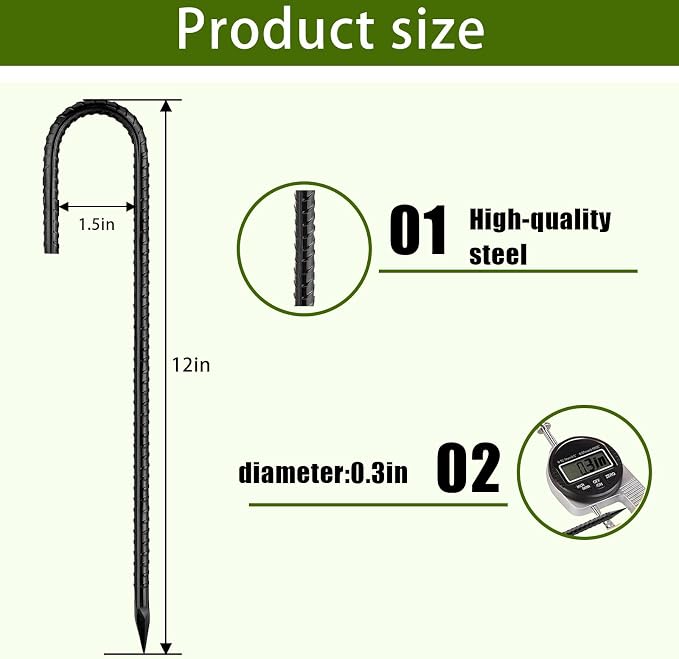 Rebar Stakes 12 Inch, Ground Stakes Heavy Duty J-Hook Black Coated Anti-Rust Heavy Duty Ground Anchors for Garden Dog Fence Chicken Coop Christmas Decorations Deer Fence 8pcs