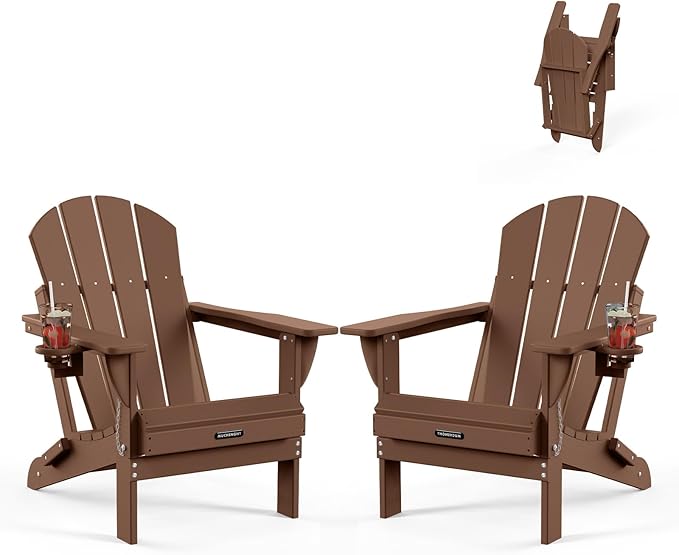 MUCHENGHY Folding Adirondack Chairs Set of 2, Patio Chairs, Lawn Chairs, Outdoor Chair, Adirondack Chair Plastic, Fire Pit, Weather Resistant with Cup Holder for Deck, Backyard, Garden(Brown)