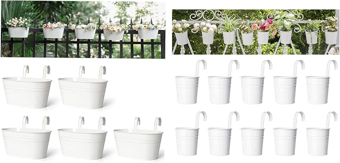Dahey 4 Inches Hanging Flower Pots Metal Iron Bucket Planter for Railing Fence 10 Pcs and 5 inch Hanging Bucket Pots 5 Packs Window Flower Plant Holder with Detachable Hooks Indoor Outdoor Decor