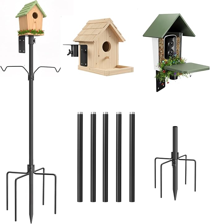 95 Inch Bird Feeder Pole Kit, 5-Prong Base, Hanging Hook | Heavy-Duty Metal Pole, for Bird Houses, Garden Décor, Backyard and Patio Use