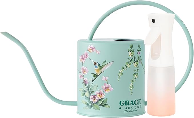 Watering Can for Indoor House Plants & Spray Water Mist Bottle - Cute Decorative Metal Gardening Small Water Can for Houseplants & Flowers with Long Spout - 1.5L 51floz 0.4 Gallon (Hummingbird Sage)