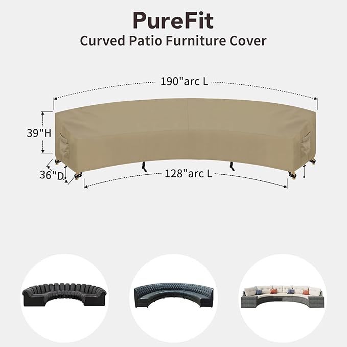 PureFit Outdoor Sectional Sofa Cover Waterproof Curved Patio Furniture Covers for Deck, Lawn and Backyard, 190Lx36Dx39Hx128FL, Camel
