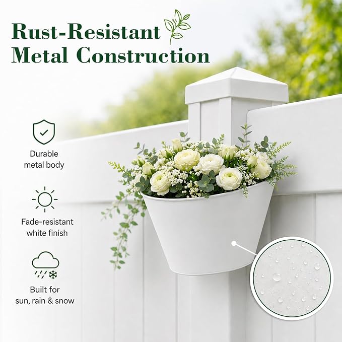 4 Pack White Metal Fence Post Planter for 4x4 & 5x5 PVC Vinyl Fence, No-Drill Hanging Flower Pots for Outdoor Plants, Flush Fit Planters with Drainage for Garden Yard Outdoor Decor