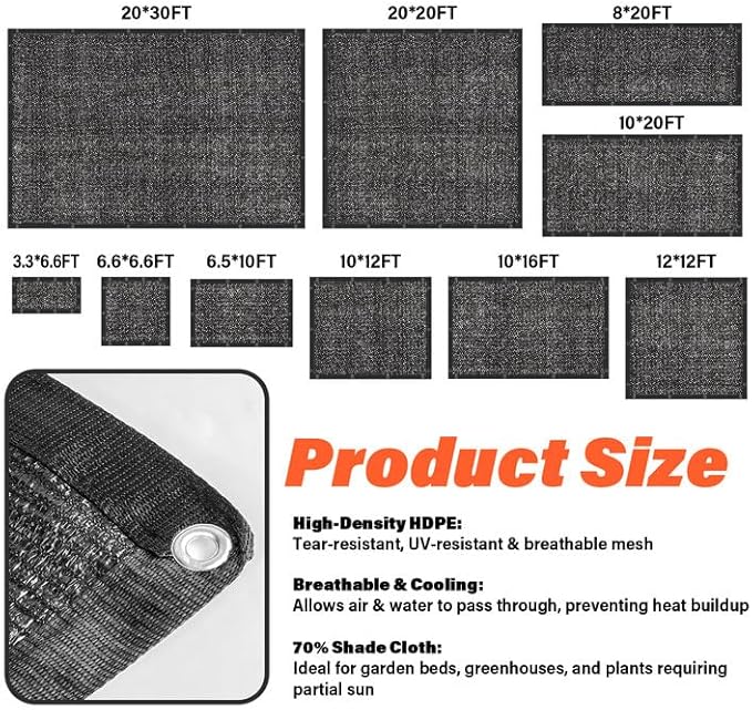 JOJOLEE 70% Sun Shade Cloth, 6.5x10FT Shade Net Mesh Tarp with Grommets, Black Sunblock Cover for Outdoor Patio Plants, Pergola, Greenhouse, Chicken Coop, Backyard, Balcony
