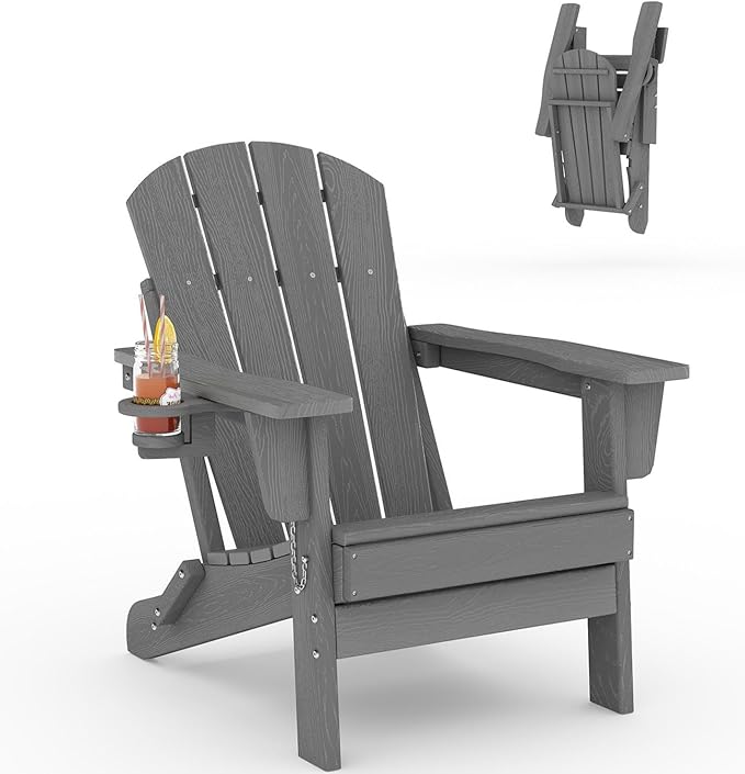 GarveeLife Folding Adirondack Chair, All-Weather HDPE Outdoor Chair, Wooden Textured with Cup Holder for patios, Decks, Gardens, fire pits, Grey