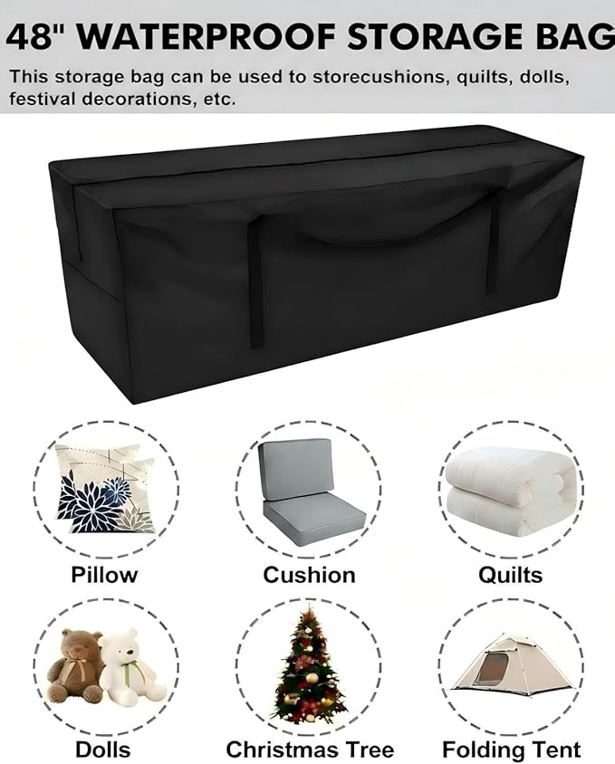 Patio Cushion Storage Bag,Outdoor Cushion Storage Bag,Waterproof storage bag with zipper and handle,Used for outdoor cushion storage and home storage.48in L x 15in W x 22in H