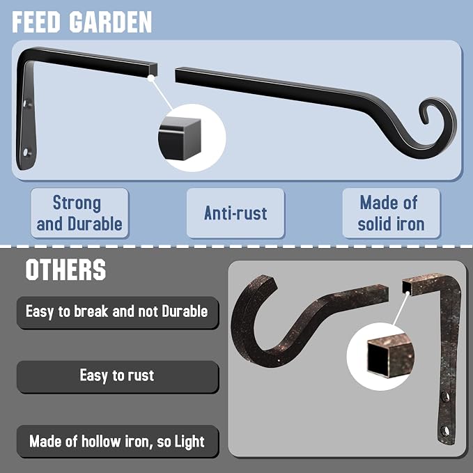 FEED GARDEN 15 Inch 2 Pack Hand-Forged Hanging Plant Bracket Heavy Duty Metal Plant Hangers for Outdoor Hanging Bird Feeders Lanterns Wind Chimes Black